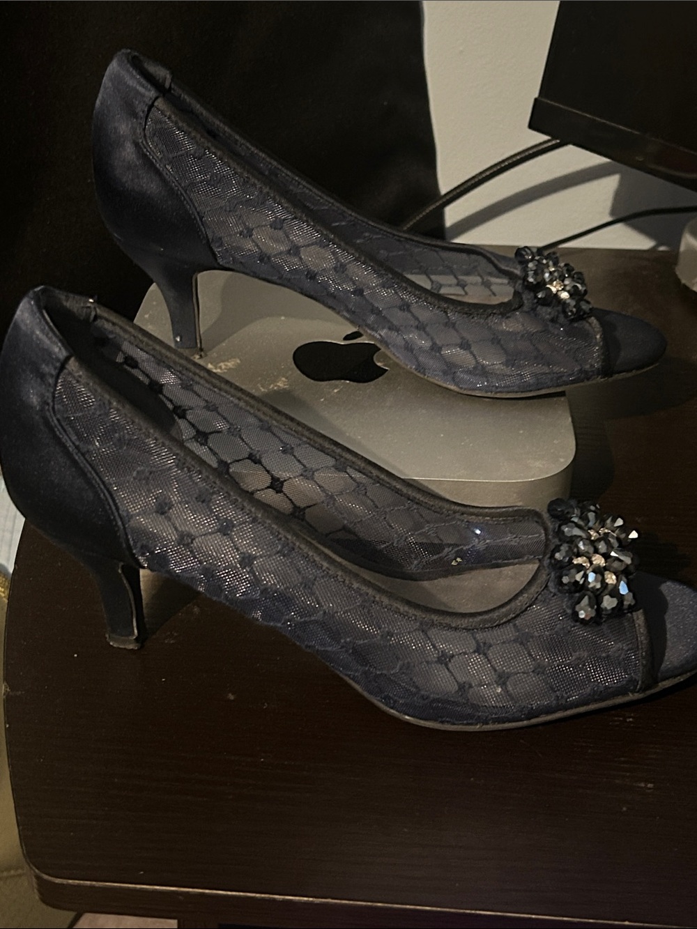Karen Scott Navy Jeweled Peep-Toe Heels